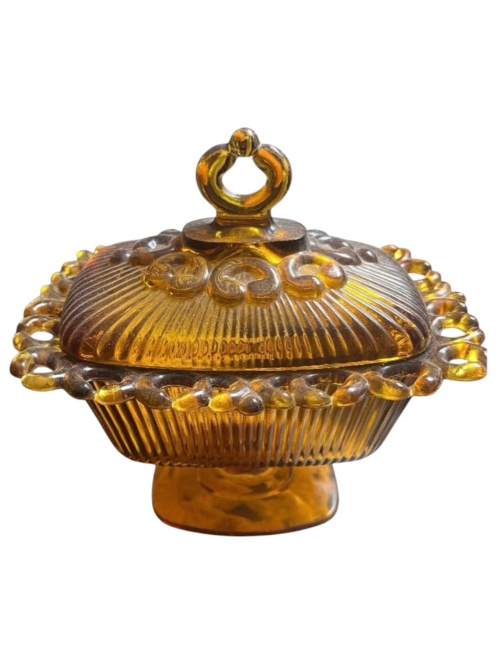 Vtg Indian Glass Amber Scalloped Candy Dish w/Lid. Slight chip see photo